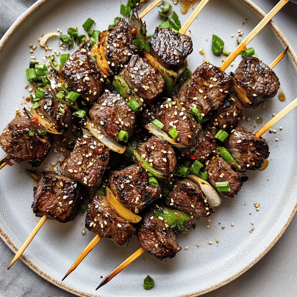 These Asian Garlic Steak Skewers are packed with flavor and perfect for your next barbecue! Made with tender beef marinated in a delicious garlic-soy sauce, they bring a tasty twist to your grilling. Ideal for gatherings or a cozy dinner, these skewers are sure to impress. Save this recipe for a fun and flavorful meal!
