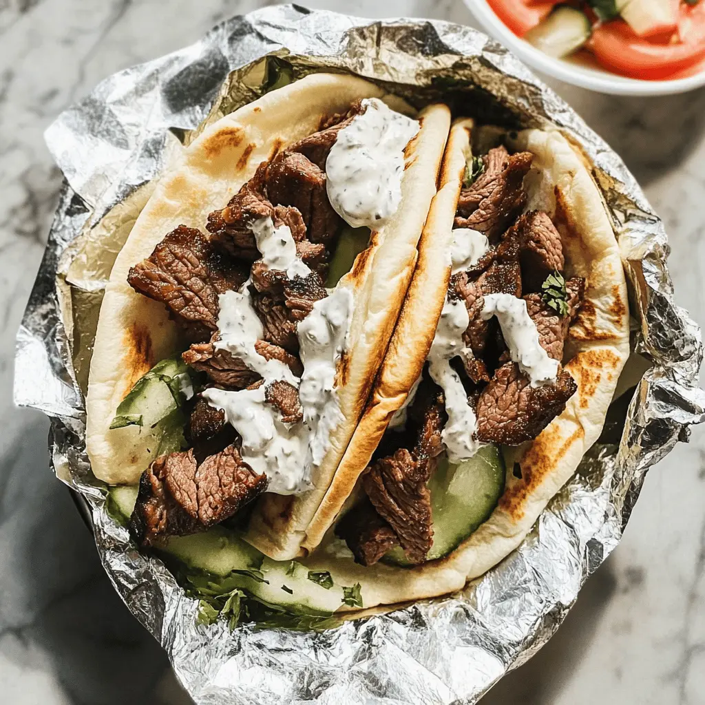 Get a taste of the Mediterranean with these Beef Gyros! Tender, marinated beef wrapped in warm pita, topped with fresh veggies and creamy tzatziki sauce. Perfect for a quick weeknight dinner or a weekend feast, this recipe is sure to impress your family and friends. Save this delicious recipe for a flavorful journey!