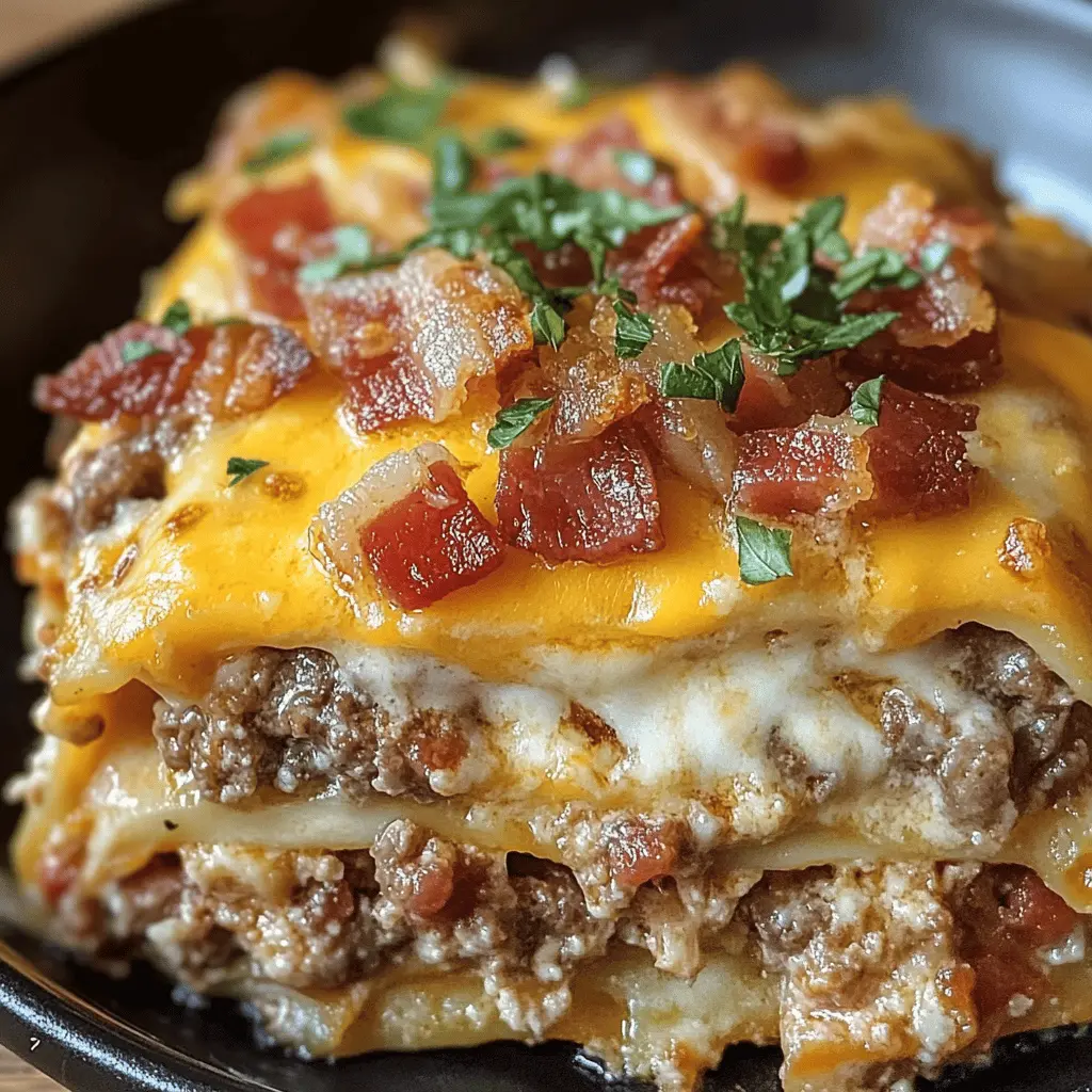 Indulge in a creamy and cheesy twist on a classic with this Parmesan Garlic Bacon Cheeseburger Lasagna! Layers of rich meat sauce, gooey cheese, crispy bacon, and flavorful herbs come together for a dish that's sure to please everyone at the table. Perfect for family dinners or gatherings, save this recipe to make your next occasion extra special!