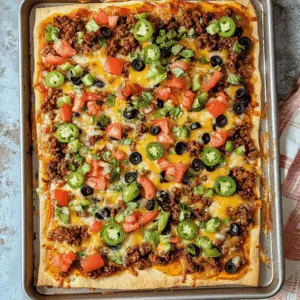 Transform your pizza night with this easy Sheet Pan Taco Pizza! Loaded with seasoned beef, zesty taco sauce, and fresh toppings, it’s a family favorite that’s ready in no time. Perfect for game day or a fun dinner! Save this recipe to impress your guests and enjoy a delicious twist on traditional pizza!