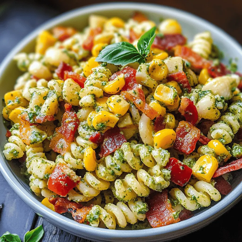 Creamy Pesto Corn Pasta Salad with Bacon and Bell Peppers