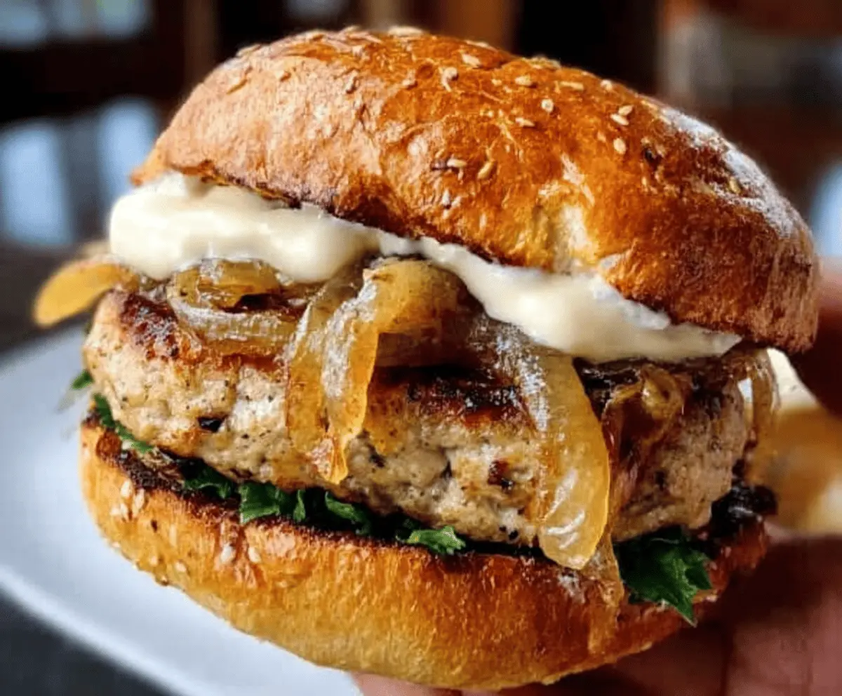 Easy Turkey Burgers with Caramelized Onions and Aioli