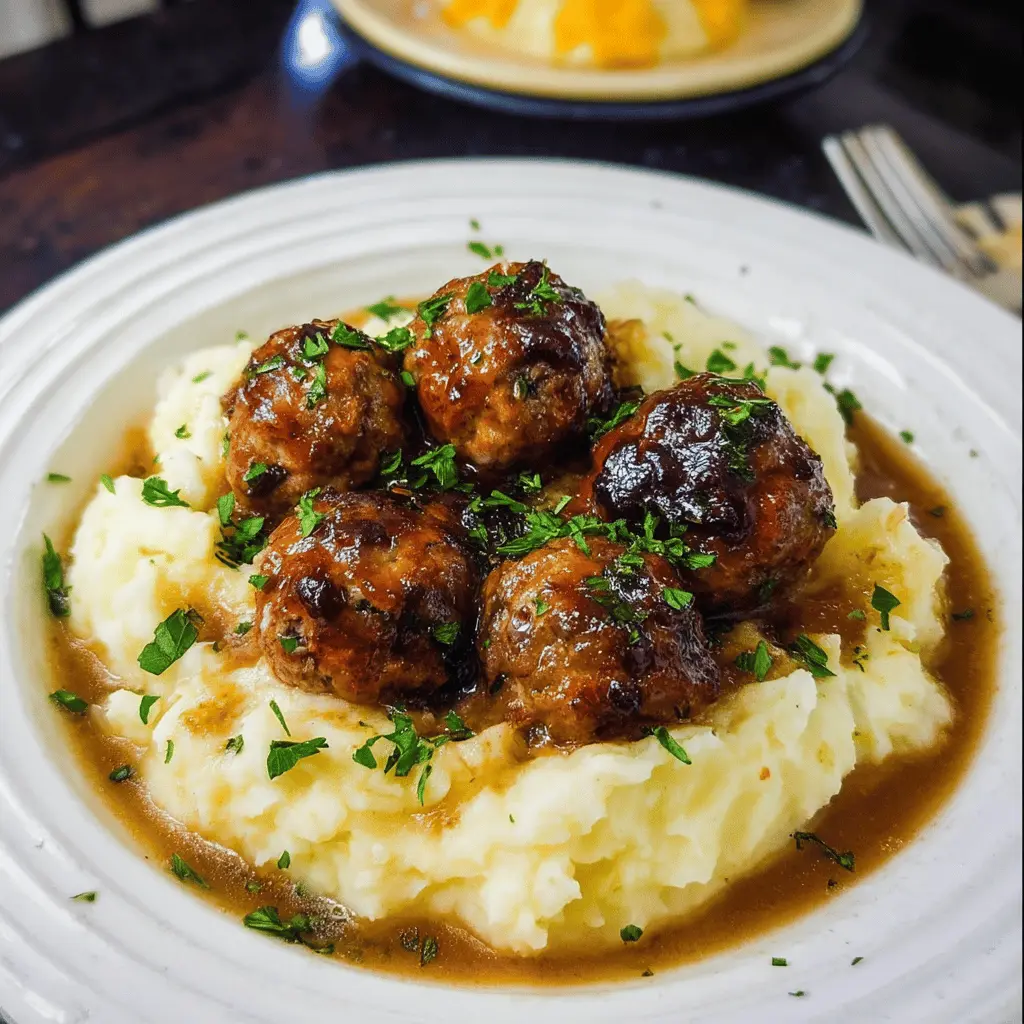 Easy Salisbury Meatballs with Creamy Mashed Potatoes