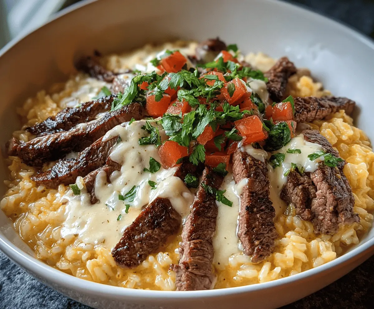 Creamy Queso Rice with Tender Steak Strips