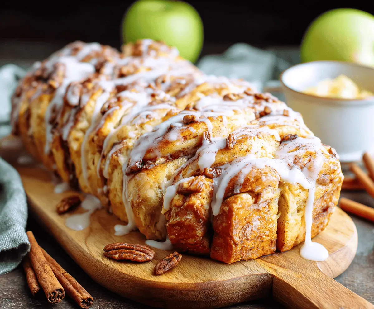 Delicious homemade Apple Cinnamon Pull Apart Bread topped with caramelized apples and a sweet glaze, perfect for breakfast or dessert.