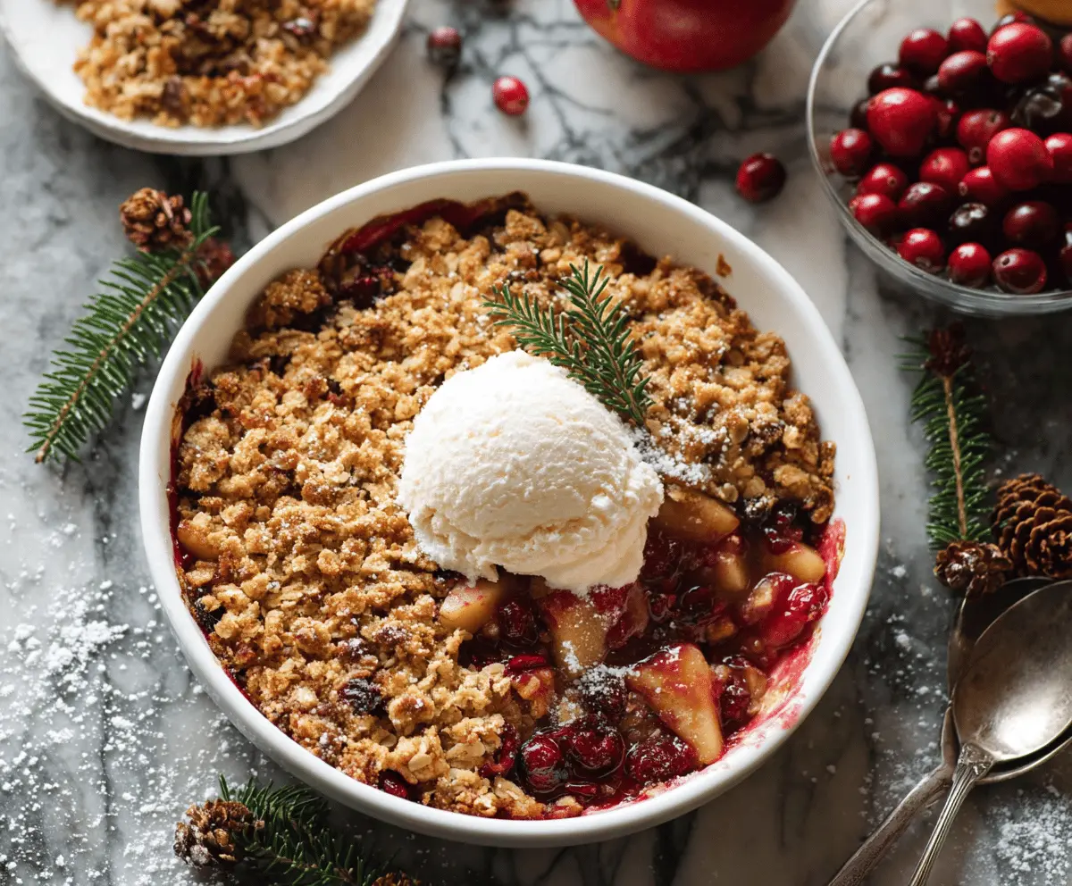 Delicious homemade Apple Cranberry Crisp topped with golden brown crumble, served in a baking dish with fresh apples and cranberries, perfect for fall desserts.