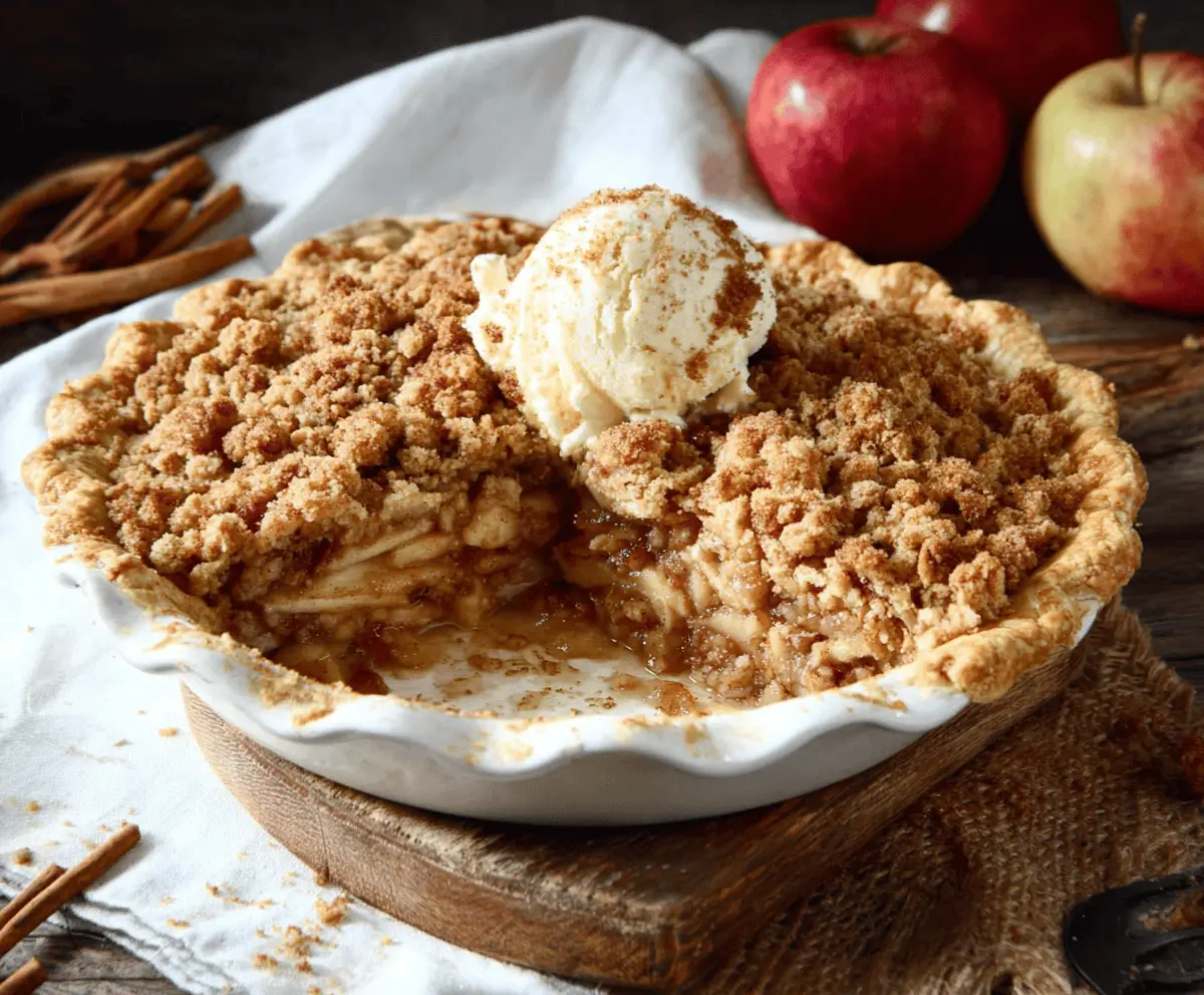Delicious homemade apple crisp pie topped with golden, crunchy oat crumble and fresh apple slices ready to serve.