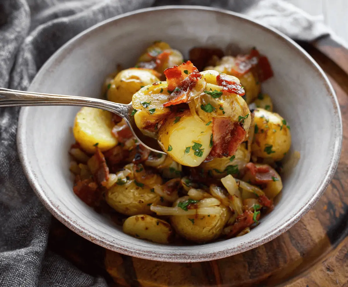 Delicious baby potatoes cooked with caramelized onions and crispy bacon, served as a flavorful side dish.