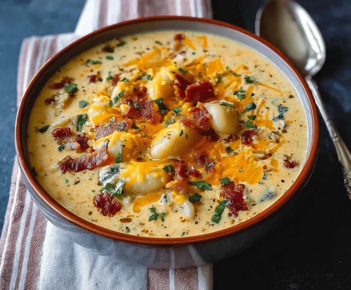 Creamy Bacon Cheddar Gnocchi Soup with crispy bacon, melted cheddar cheese, and tender gnocchi in a rich, savory broth