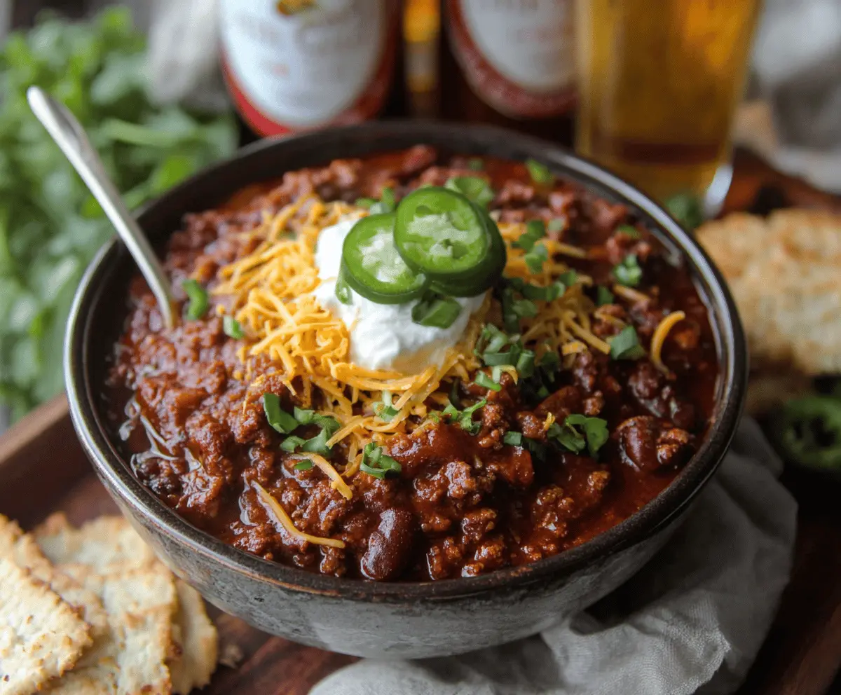A bowl of hearty beer chili topped with shredded cheese and fresh herbs, served with tortilla chips on a rustic wooden table.