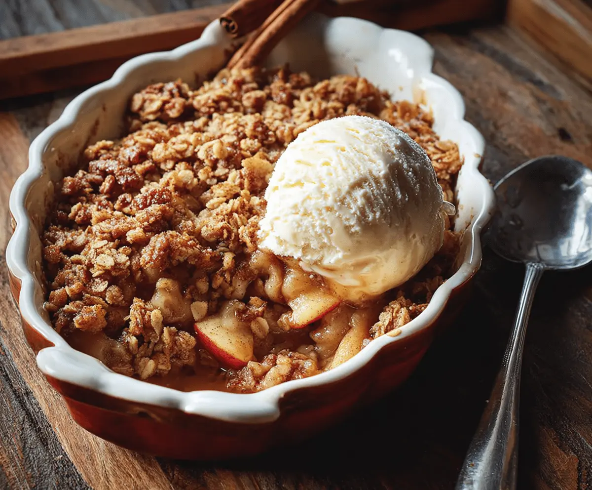 Delicious homemade Bourbon Apple Crisp topped with golden brown oats and cinnamon, served in a rustic pie dish with fresh apple slices and a scoop of vanilla ice cream.