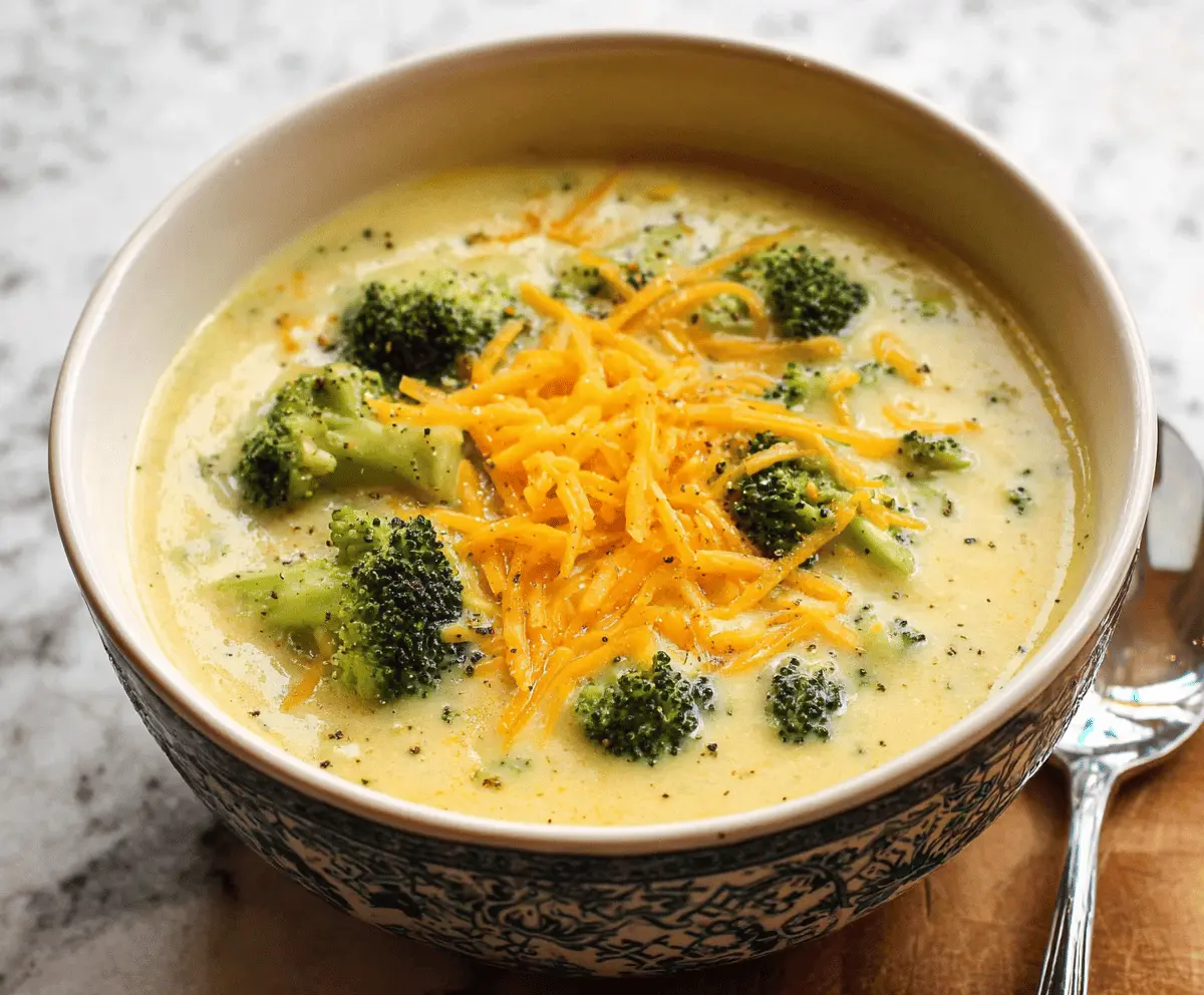 Creamy Broccoli Cheddar Potato Soup in a bowl with fresh broccoli florets and melted cheddar cheese on top, served hot.