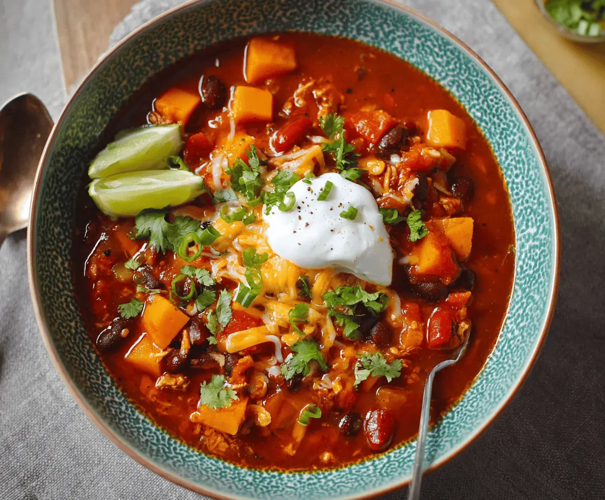 Hearty butternut squash chili in a bowl, topped with fresh herbs and served with crusty bread