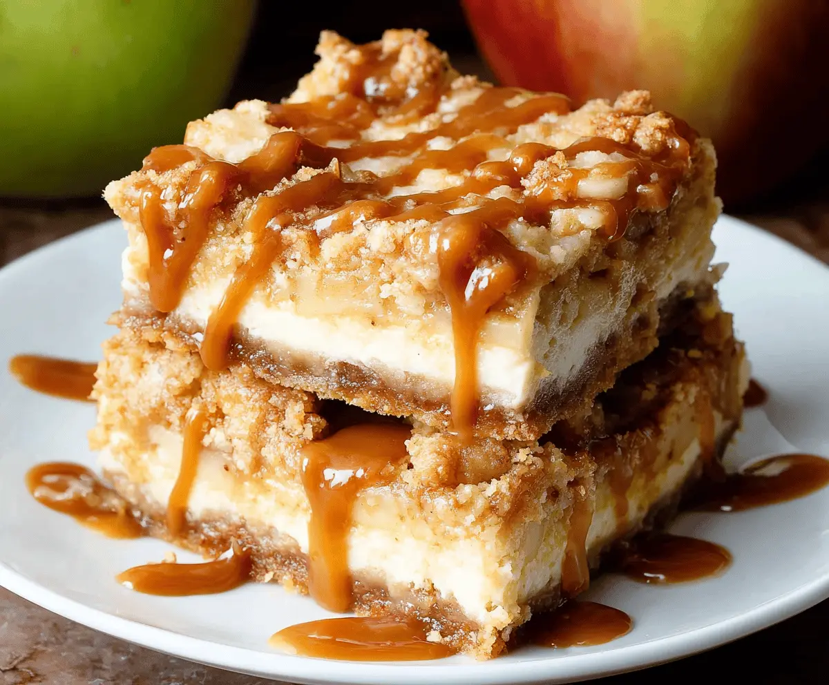 Creamy caramel apple cheesecake bars with a graham cracker crust topped with caramel drizzle and apple slices, perfect for dessert or fall gatherings.