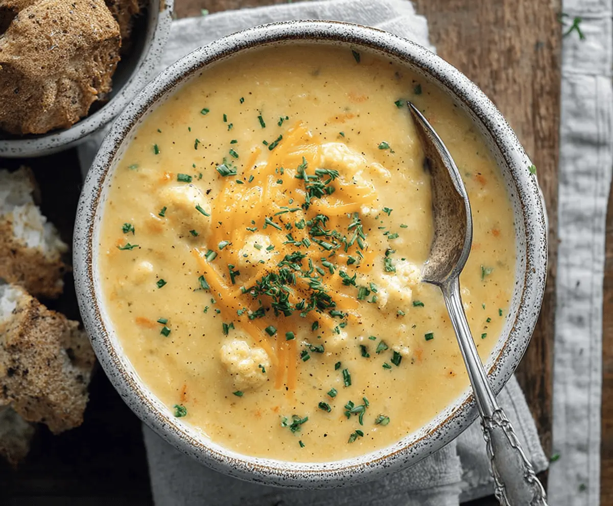 Creamy Cheddar Cauliflower Soup in a bowl, garnished with fresh herbs and shredded cheese, served with crusty bread on a rustic wooden table.