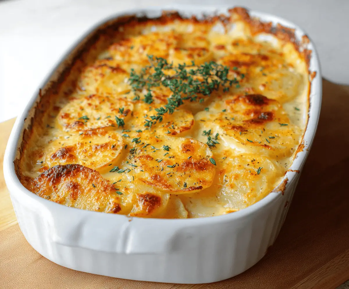 Creamy cheesy scalloped potatoes baked to golden perfection with melted cheese and crispy edges, served as a delicious comfort food side dish.