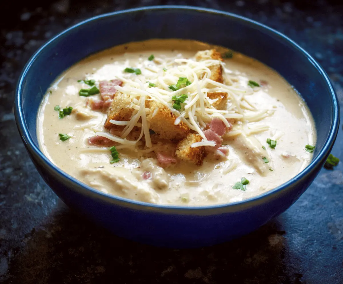 Creamy Chicken Cordon Bleu Soup with ham, Swiss cheese, and tender chicken chunks in a savory broth.