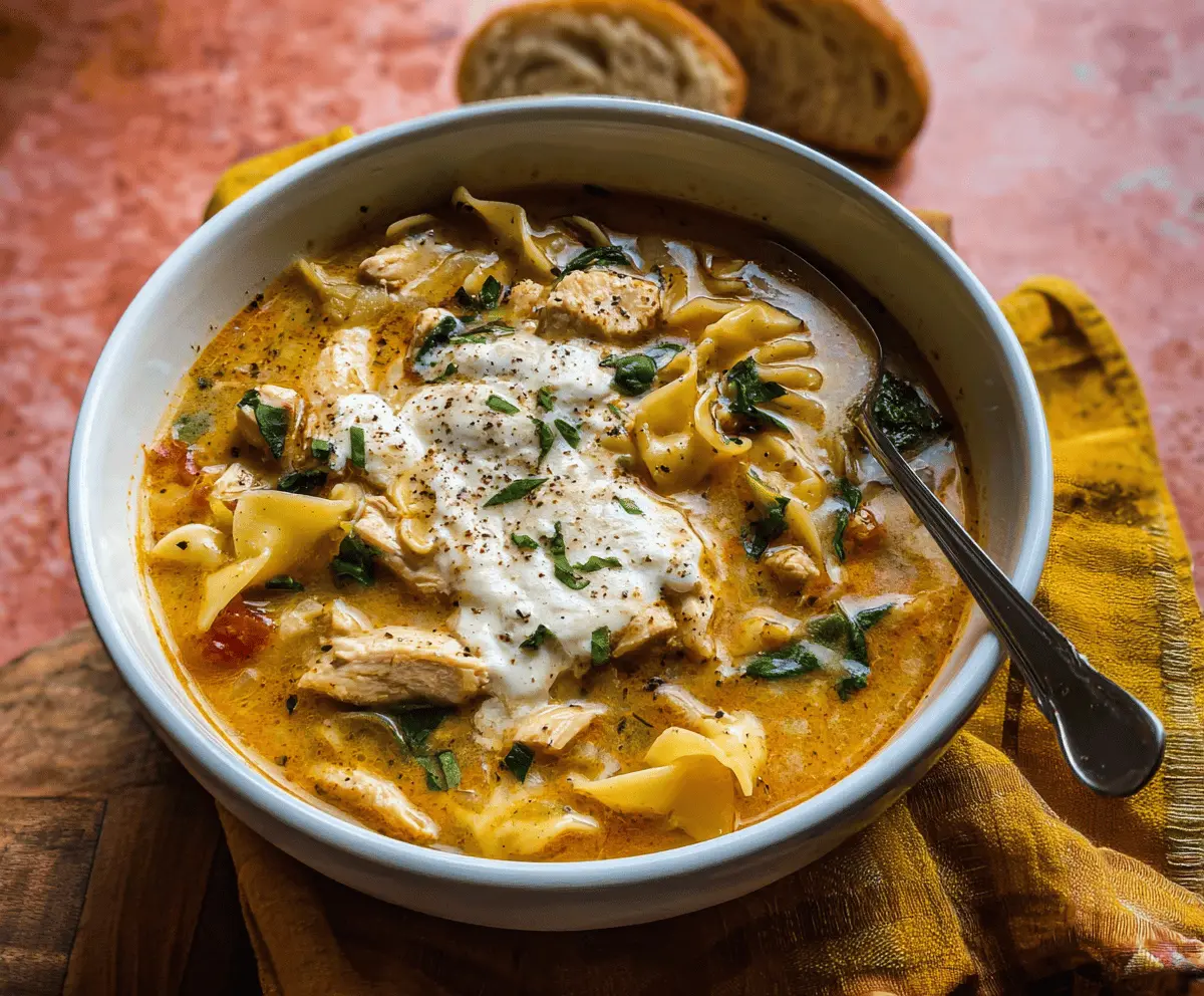 A delicious bowl of Chicken Lasagna Soup topped with melted cheese, fresh herbs, and lasagna noodles, perfect for a cozy meal.