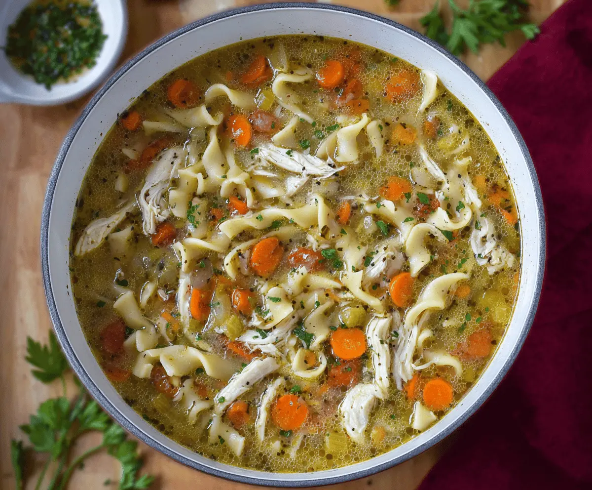 A bowl of hearty chicken noodle soup with tender chicken pieces, colorful vegetables, and noodles, served hot and garnished with fresh herbs.