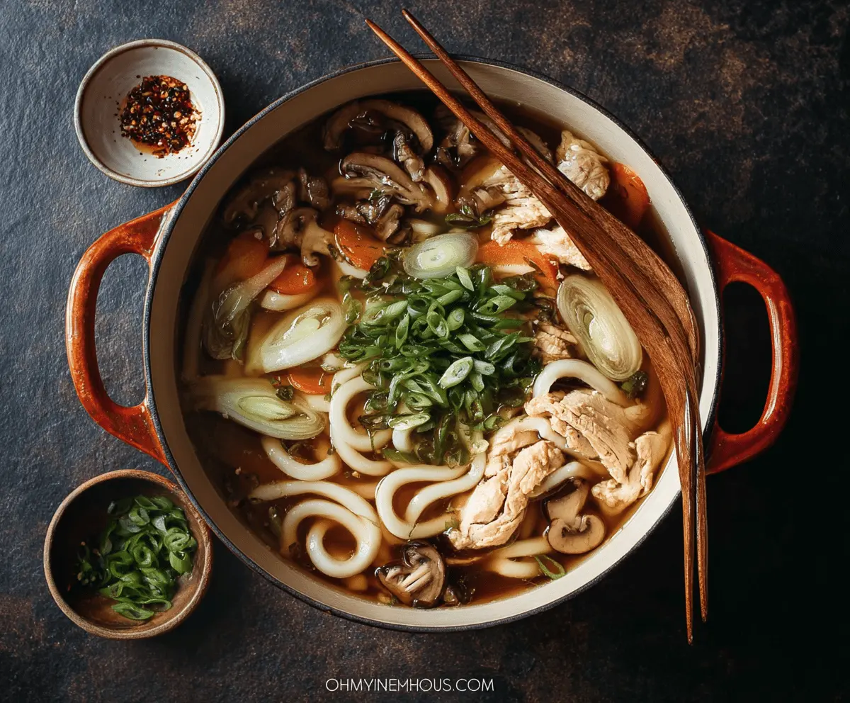 A steaming bowl of chicken udon noodle soup garnished with green onions and fresh herbs, served in a white ceramic bowl with sliced chicken, thick udon noodles, and a flavorful broth.