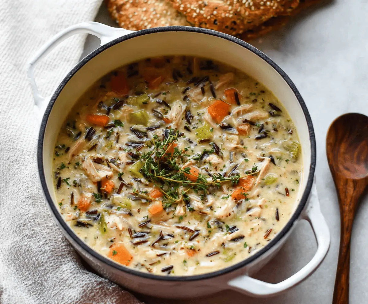 Creamy chicken wild rice soup in a bowl with tender chicken, wild rice, and vegetables, served hot with a spoon