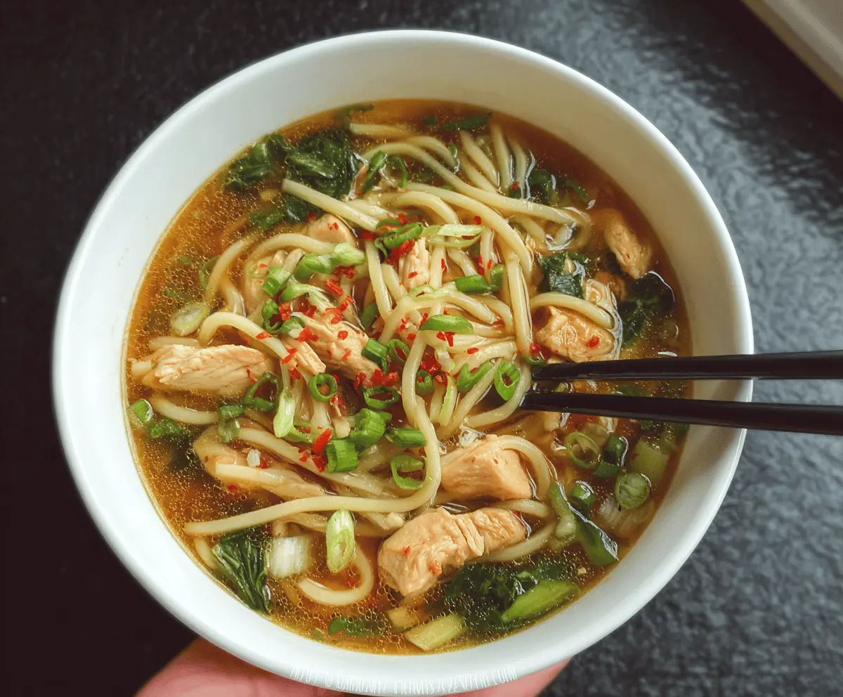 Warm bowl of Chinese Chicken Noodle Soup with tender chicken, noodles, vegetables, and flavorful broth on a rustic wooden table.