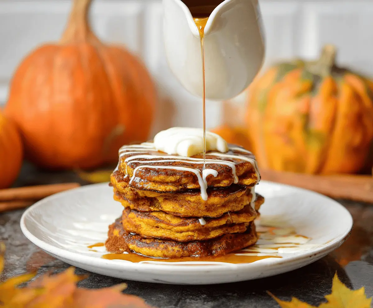 Delicious Cinnamon Swirl Pumpkin Pancakes topped with whipped cream and cinnamon, served with maple syrup on a rustic plate