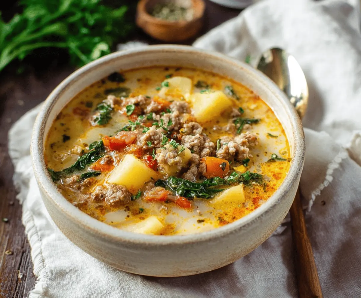 A steaming bowl of Cozy Italian Sausage and Potato Soup topped with fresh herbs, showcasing chunks of sausage, potatoes, and vegetables in a savory broth.