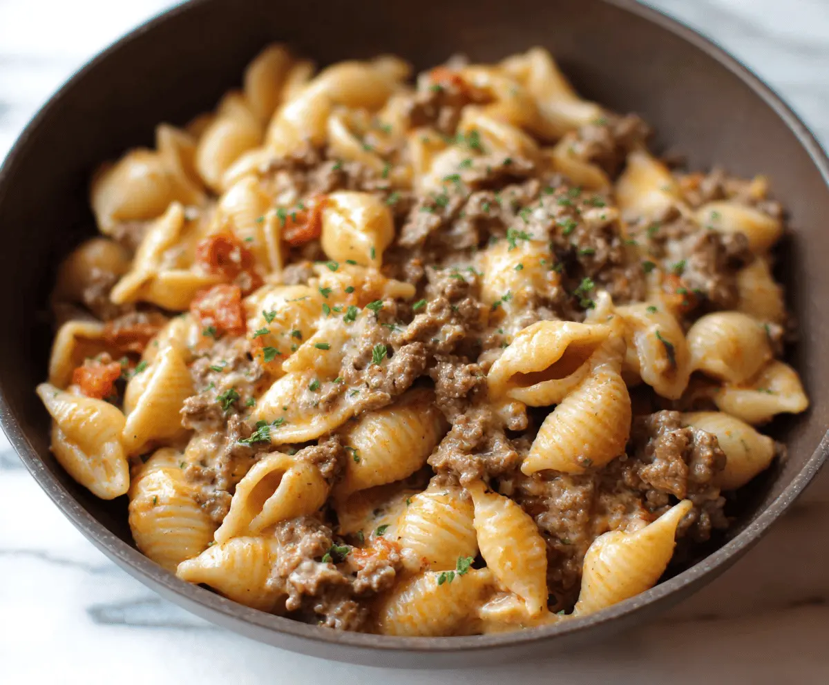 Creamy beef and pasta shells dish topped with melted cheese, served in a white bowl for a comforting dinner recipe