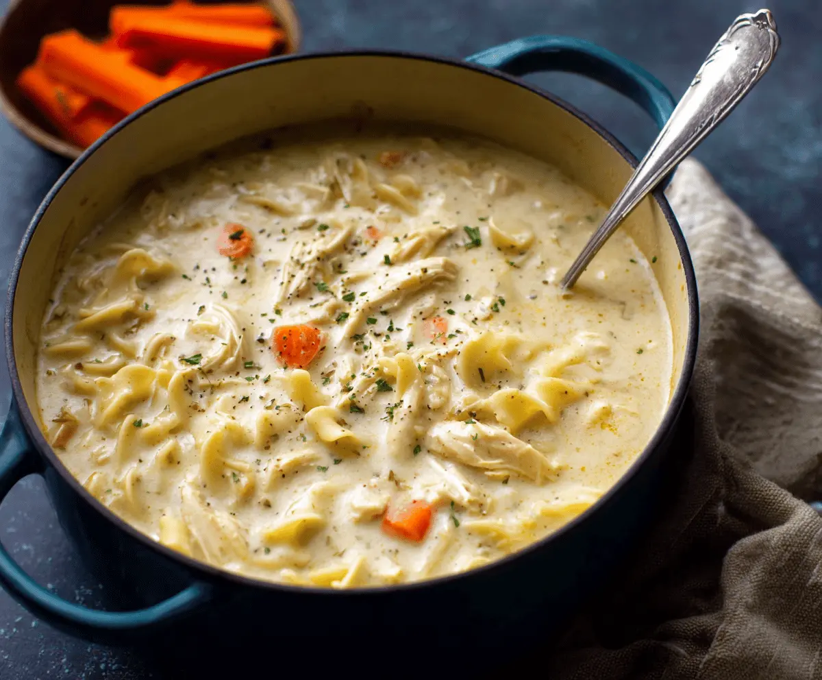 Creamy chicken noodle soup in a bowl with tender chicken, egg noodles, and fresh herbs, served hot and comforting