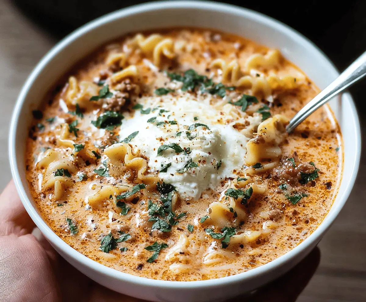 Creamy Instant Pot Lasagna Soup in a bowl with melted cheese, fresh herbs, and pasta noodles, ready to serve