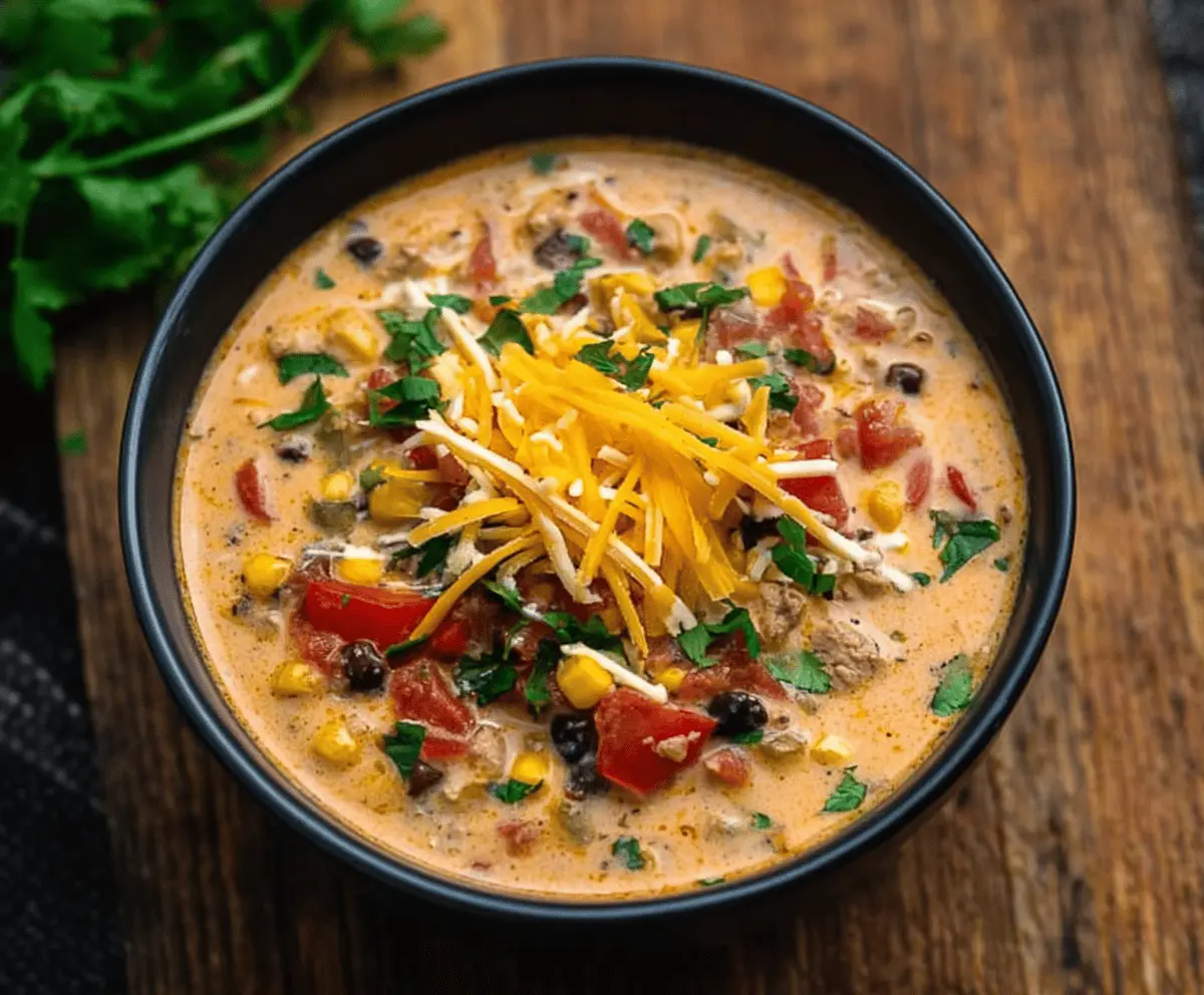 A bowl of creamy taco soup topped with shredded cheese, fresh cilantro, and sliced jalapeños, served with tortilla chips on the side.