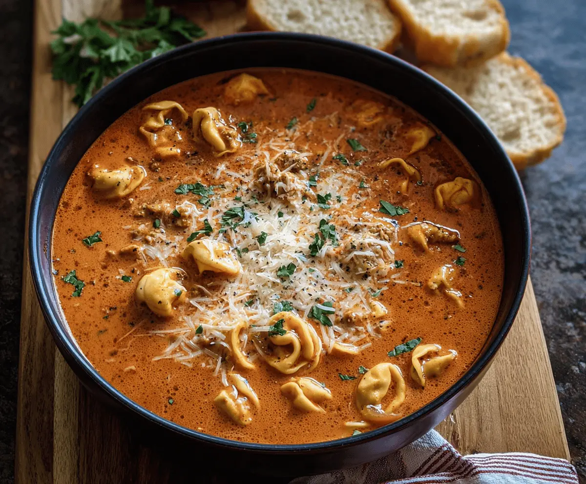 Creamy tortellini lasagna soup with melted cheese, fresh basil, and rich tomato broth in a bowl, perfect for a comforting meal