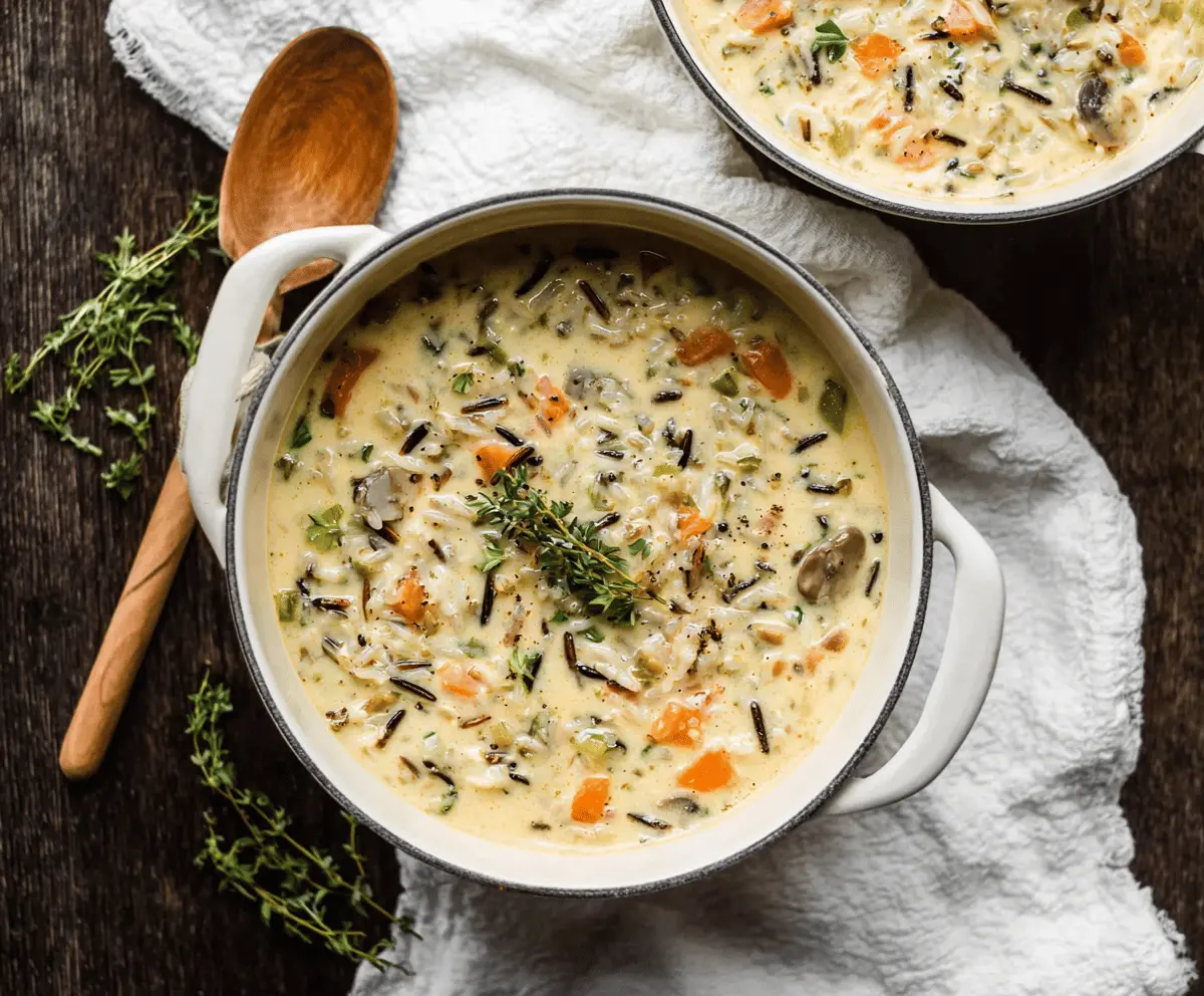 A steaming bowl of creamy wild rice soup garnished with fresh herbs, served in a rustic bowl with a spoon on a wooden table.