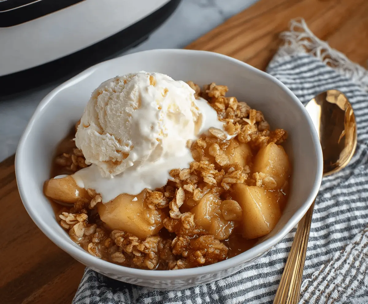 Delicious homemade crockpot apple crisp topped with golden brown oats and cinnamon served in a bowl