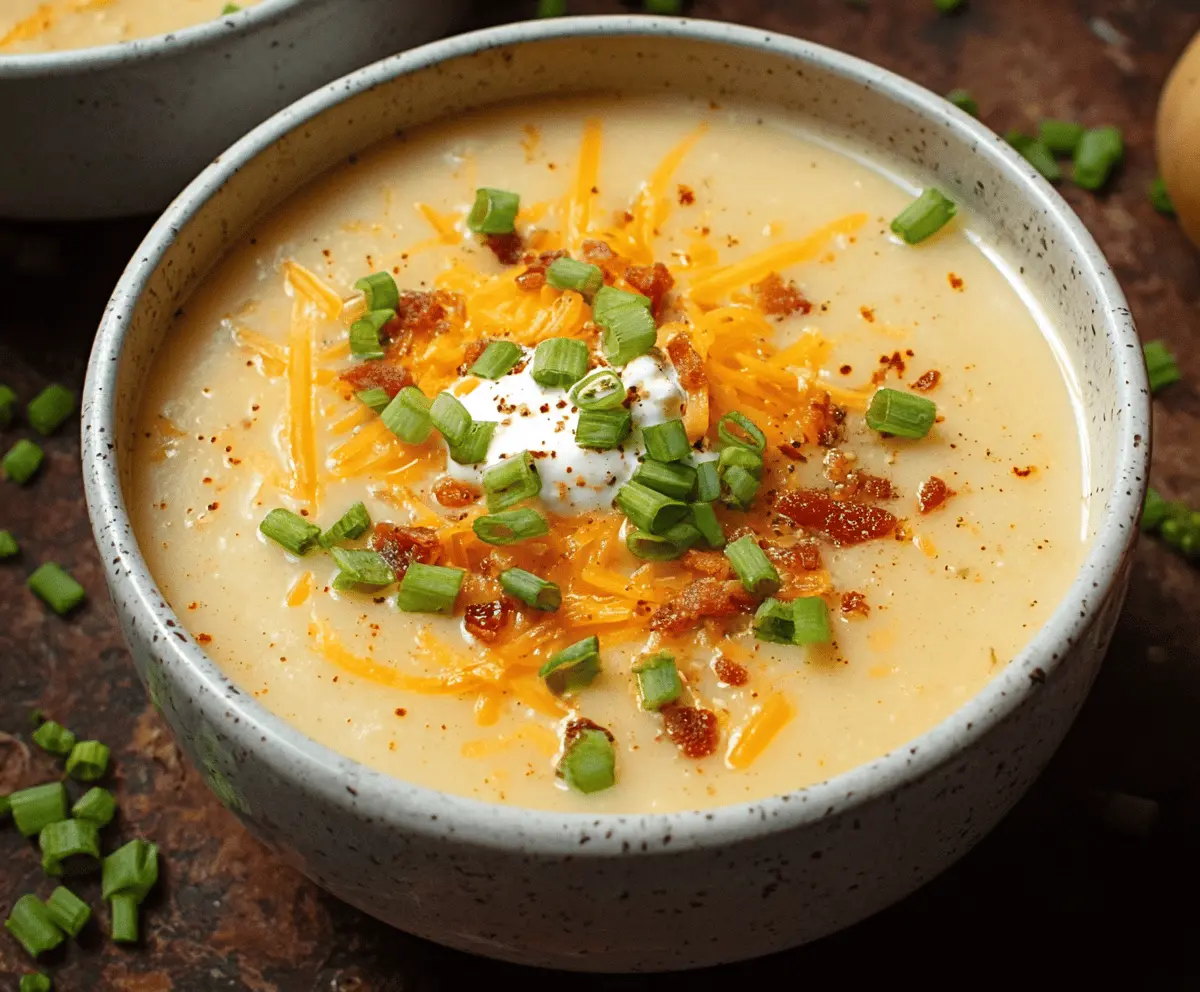 Creamy Crockpot Potato Soup in a bowl with garnishes, served in a cozy kitchen setting.