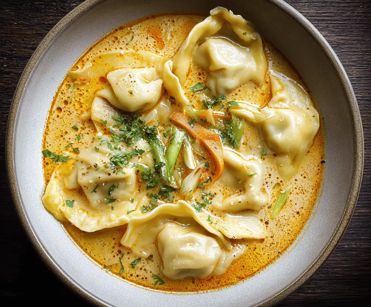 A steaming bowl of Curry Dumpling Soup featuring tender dumplings, vibrant vegetables, and fragrant curry broth served in a white bowl.