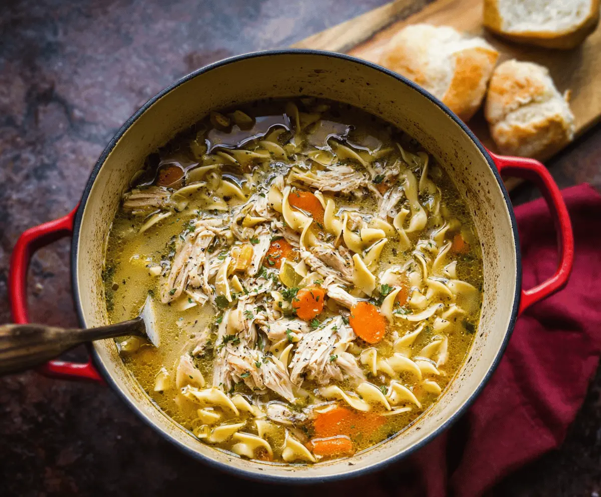 A steaming bowl of homemade Dutch Oven Chicken Noodle Soup with tender chicken, carrots, celery, and egg noodles garnished with fresh herbs.