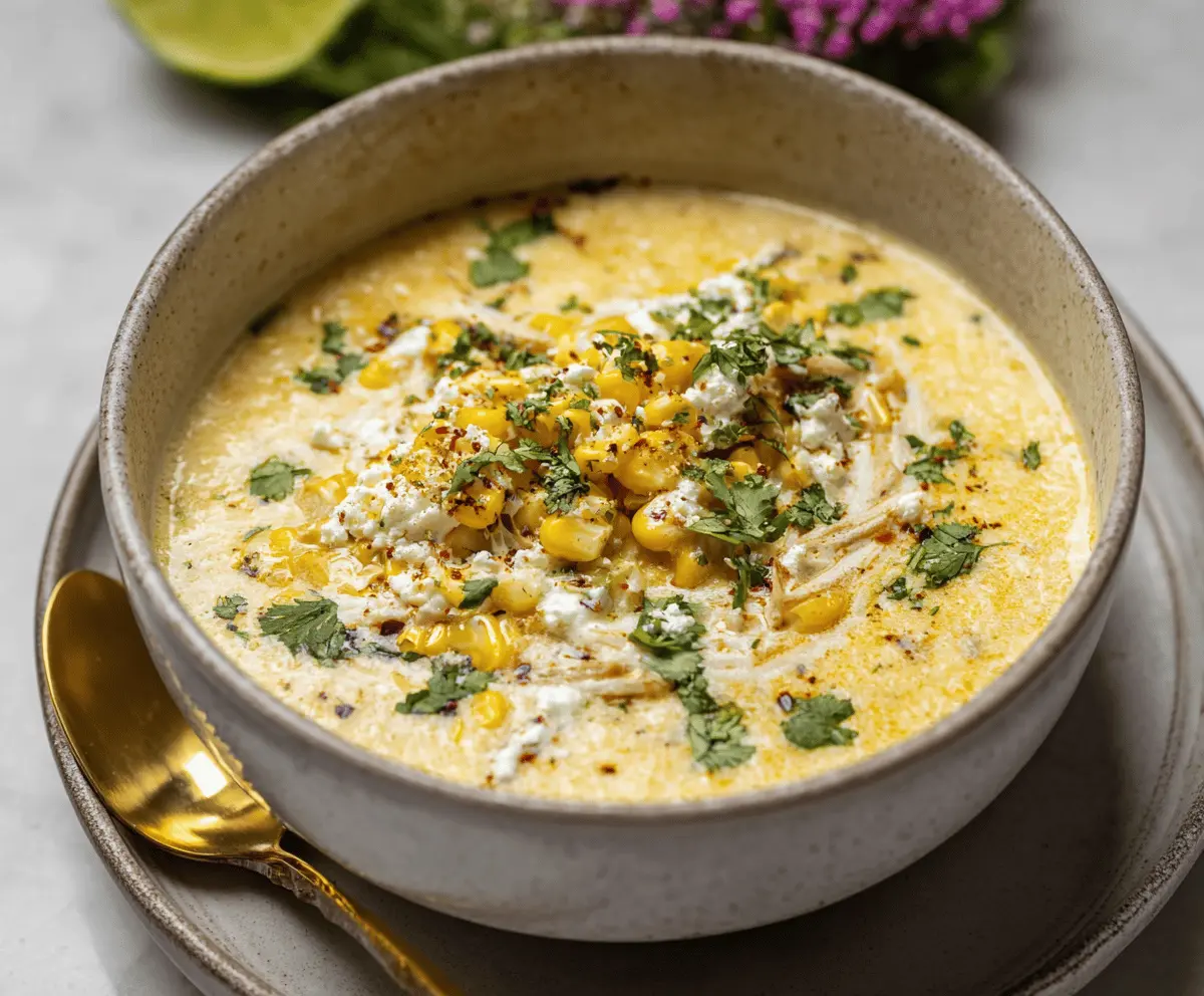 Creamy Elote Corn Soup garnished with chopped cilantro and crumbled queso fresco, served in a bowl with fresh lime wedges on the side.