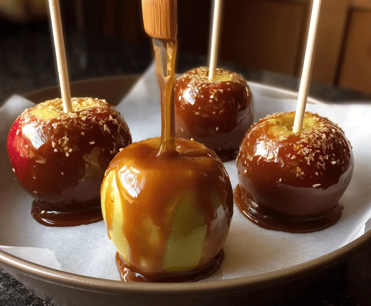 Delicious gluten-free caramel apples topped with crunchy toppings, perfect for a sweet fall treat.