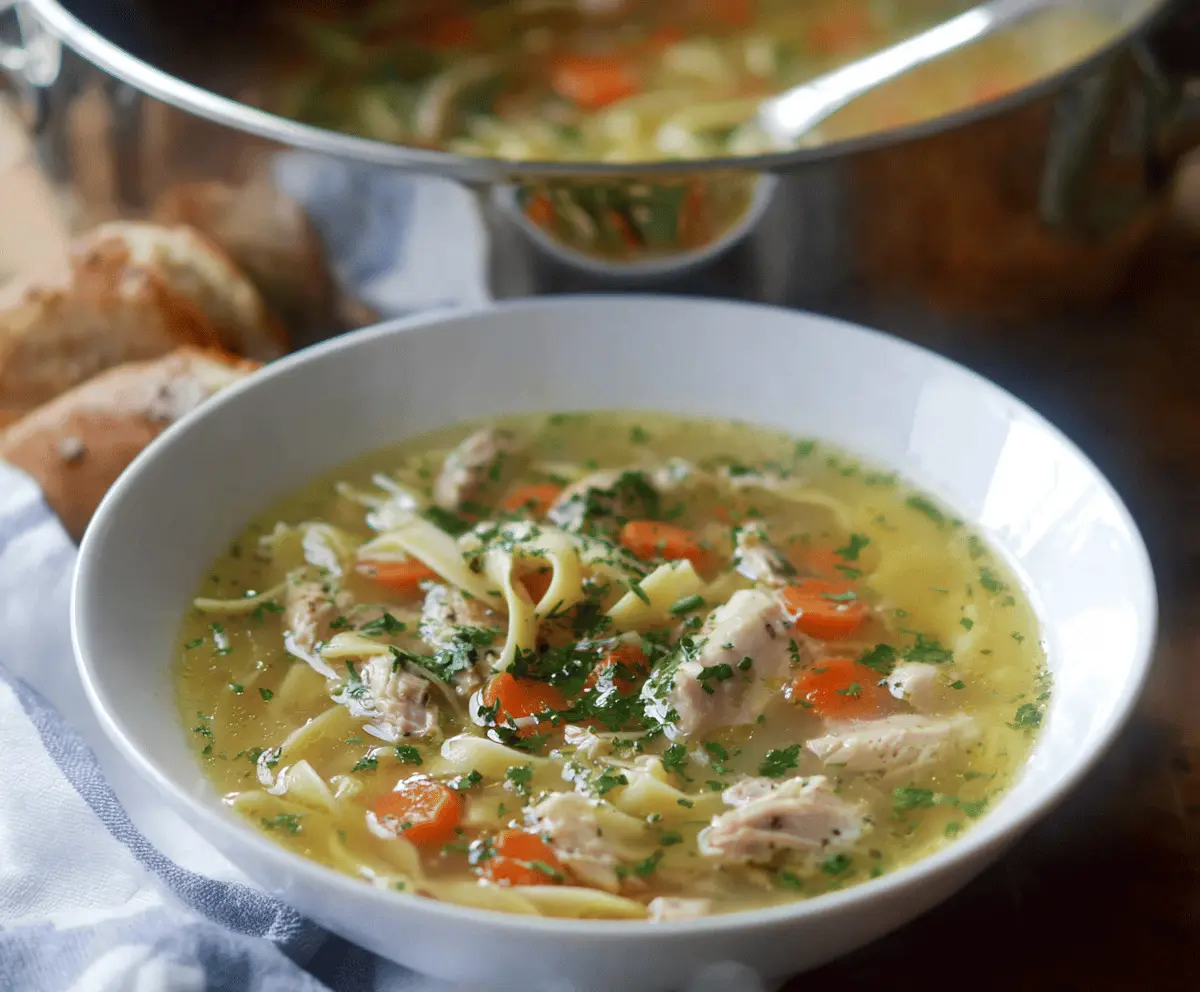 A steaming bowl of gluten-free chicken noodle soup with shredded chicken, vegetables, and gluten-free noodles garnished with fresh herbs.
