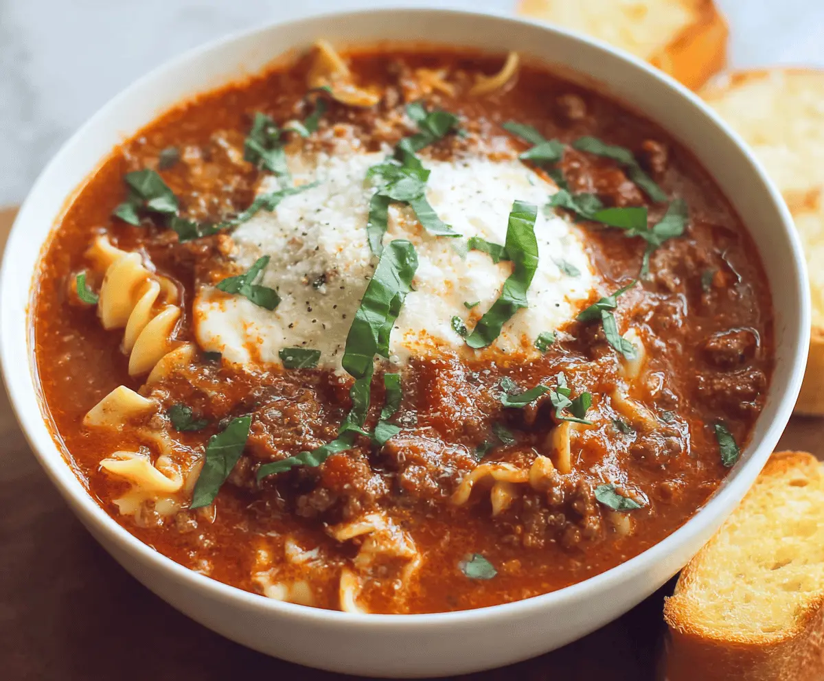 A bowl of Ground Beef Lasagna Soup topped with melted cheese, fresh basil, and grated Parmesan, showcasing layers of rich tomato broth, seasoned ground beef, and pasta noodles.