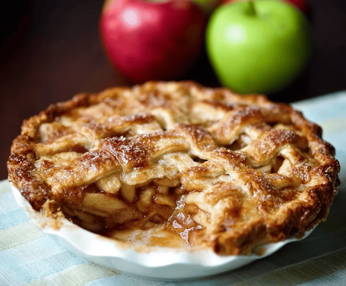Delicious homemade apple pie with flaky crust, topped with golden baked apples and cinnamon, ready to serve.