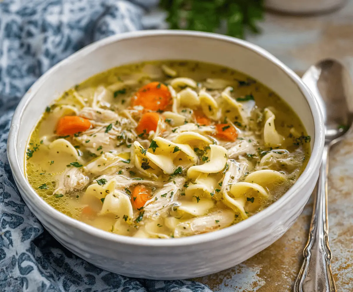 Creamy and comforting Instant Pot Chicken Noodle Soup in a bowl with tender chicken, vegetables, and noodles, perfect for a cozy meal.