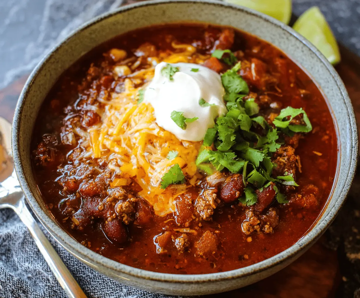 Delicious homemade Instant Pot chili topped with shredded cheese and fresh herbs in a white bowl