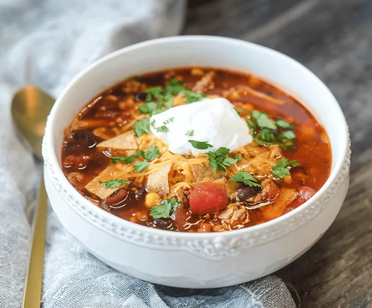 Delicious Instant Pot Loaded Taco Soup topped with shredded cheese, sour cream, and fresh cilantro in a bowl, ready to serve