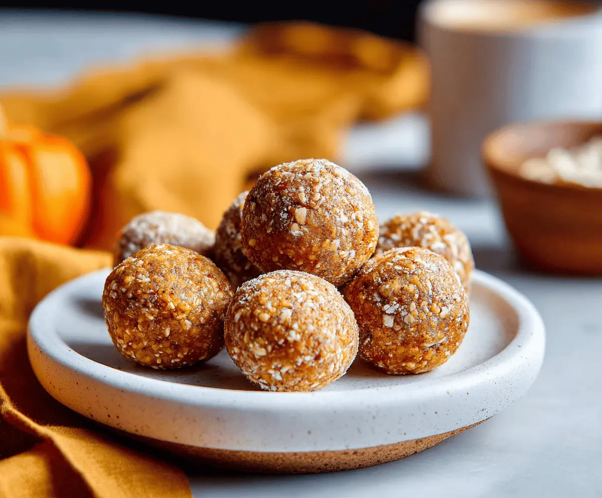 Keto cottage cheese pumpkin spice energy balls on a plate, healthy low-carb snack with pumpkin spice flavor