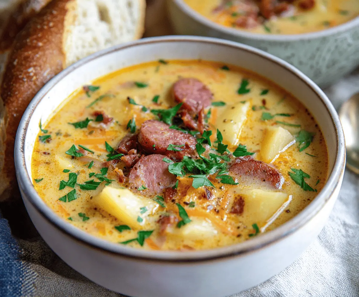 Creamy kielbasa potato soup in a bowl with sliced kielbasa, potatoes, and fresh herbs, perfect for a hearty meal