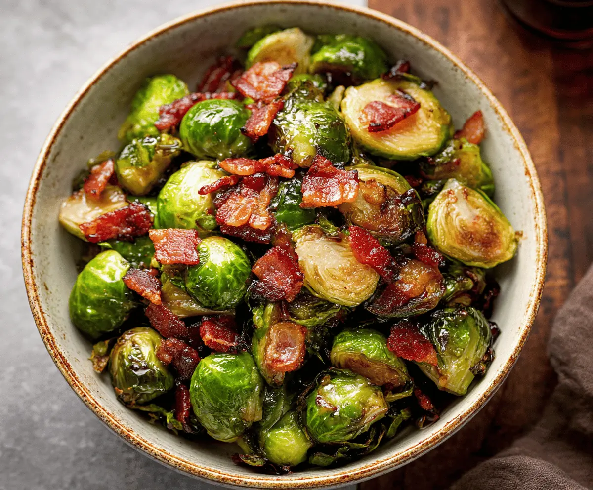 Roasted Brussels sprouts glazed with maple and balsamic vinegar, topped with crispy bacon for a flavorful side dish