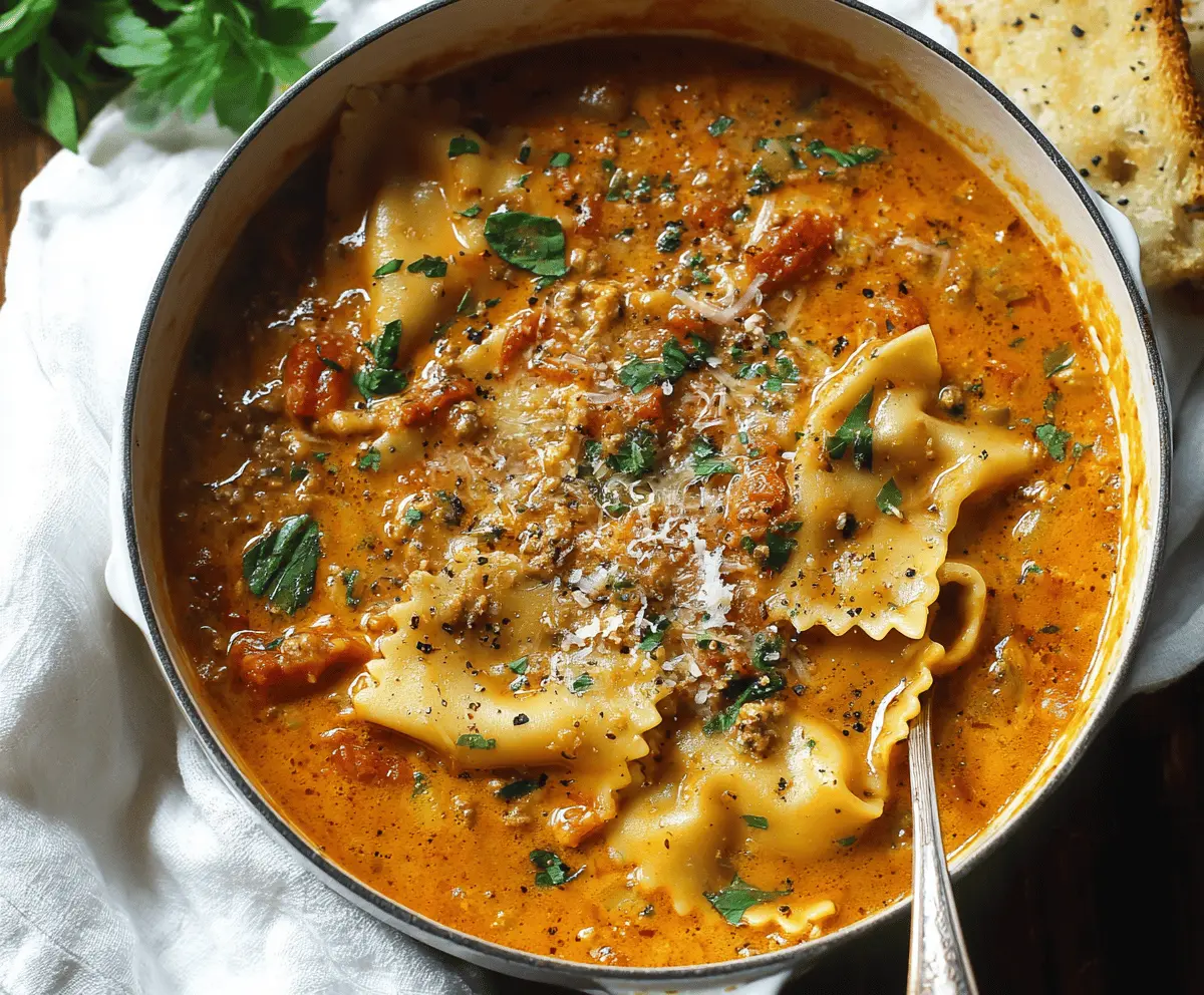 Creamy One-Pot Lasagna Soup in a bowl with cheese, herbs, and cooked pasta, garnished with fresh basil